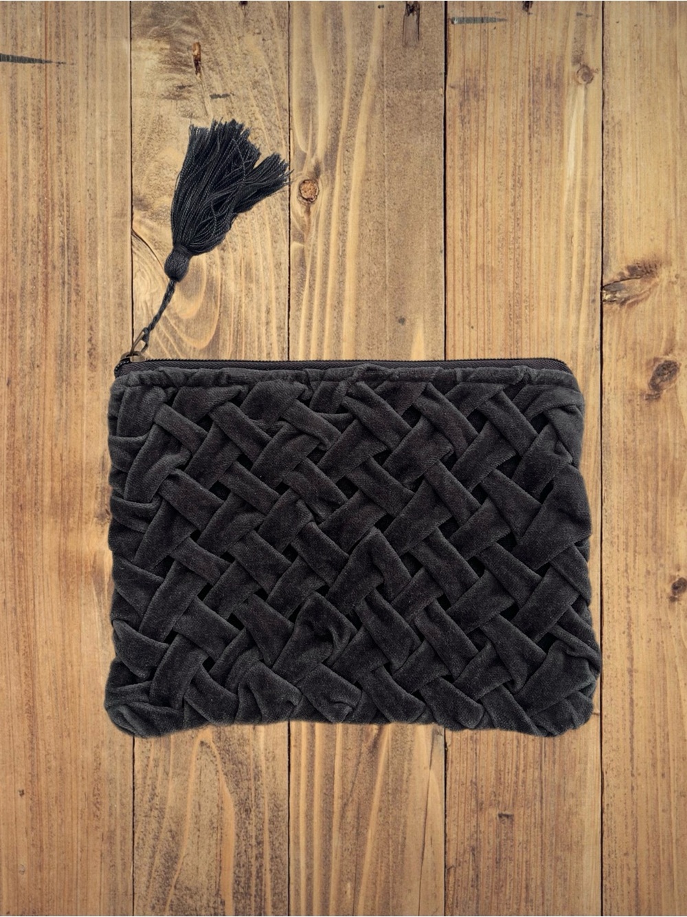 Demdaco Woven Velvet Tassel Zip Pouch - Dark Gray